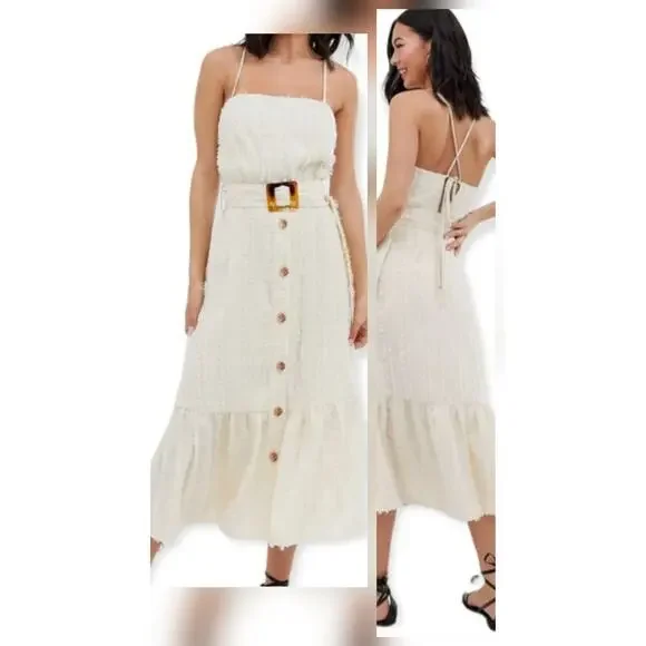 Moon River Cream Fringe Midi Dress XS Belted Button Front Coquette Bridal Resort - Picture 2 of 12